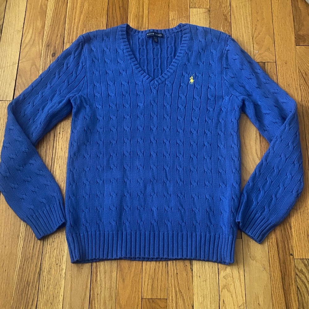 Ralph Lauren Cable Knit V Neck Sweater Size XL 100% Cotton Periwinkle Blue EUC